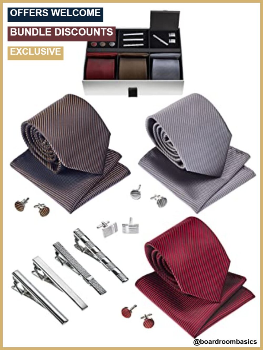 Men’s Tie Set with Pocket Squares, Tie Clips & Cufflinks - Silk Feel Polyester
